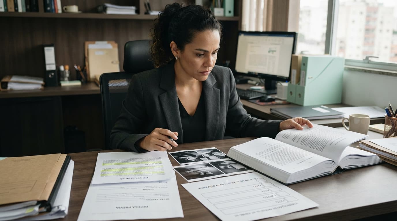 Advogado compara uma referência parcial ao HC 598.886-SC com o acórdão completo antes de finalizar uma petição criminal, tendo fotografias das provas do caso e uma ficha de verificação ainda incompleta sobre a mesa.