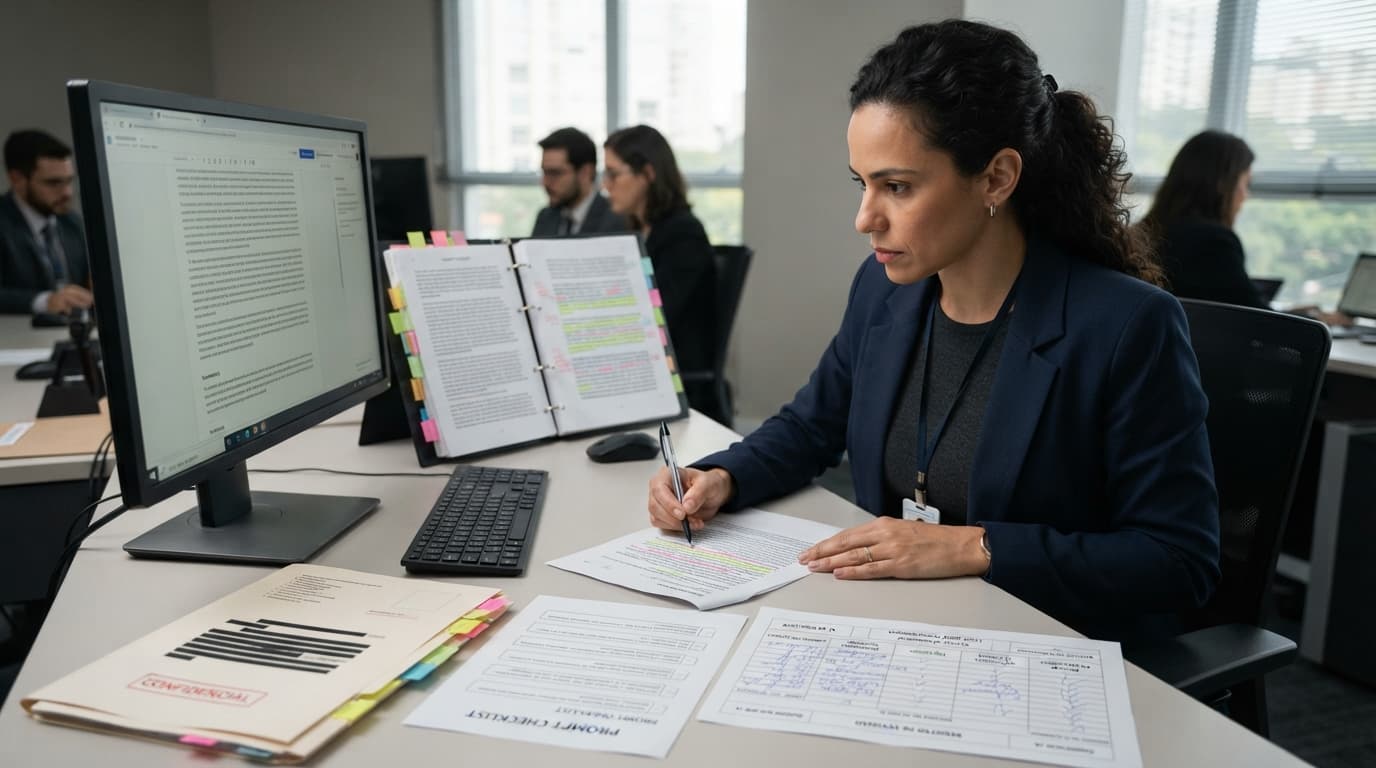 Advogada confere uma resposta de IA com documentos-fonte ao lado de um processo anonimizado, um checklist de prompt e um registro de auditoria.