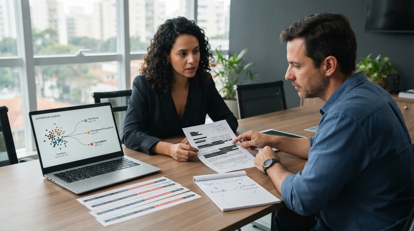 Advogada e cliente analisam dados de casos anteriores, prazos e três possíveis resultados para decidir entre negociar ou prosseguir com uma ação.