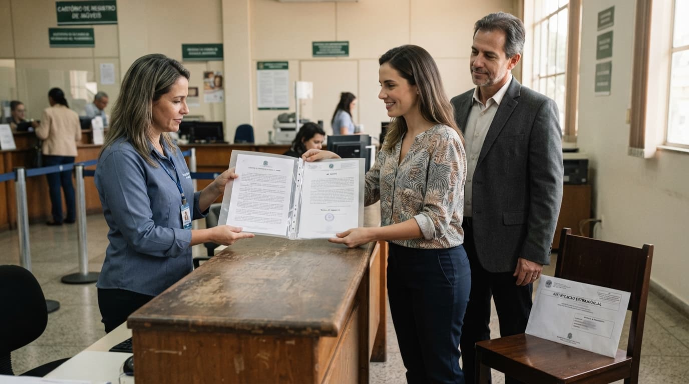 Comprador que já pagou o imóvel entrega ao registro, acompanhado de advogado, documentos para substituir a escritura não assinada pelo vendedor ausente.
