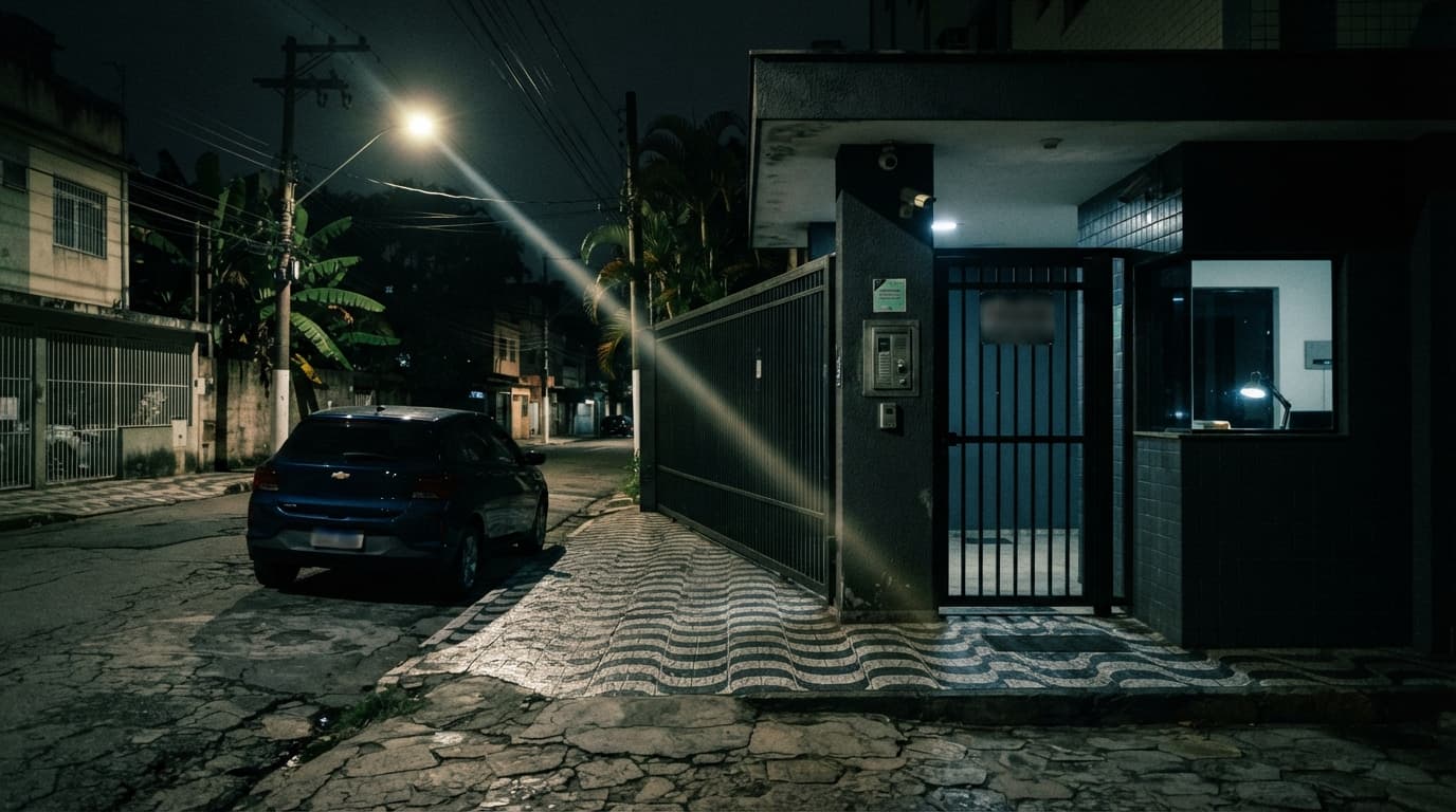Entrada gradeada de condomínio residencial brasileiro com guarita, interfone e carro compacto estacionado.
