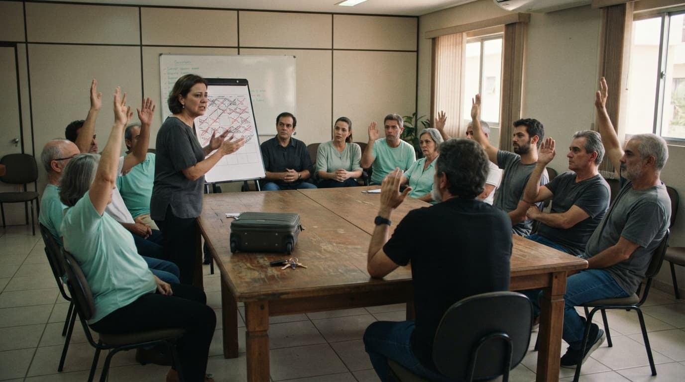 Assembleia de condomínio em que o proprietário, acompanhado de uma mala e chaves, apresenta um calendário de estadias frequentes enquanto cerca de dois terços dos moradores levantam as mãos em votação.
