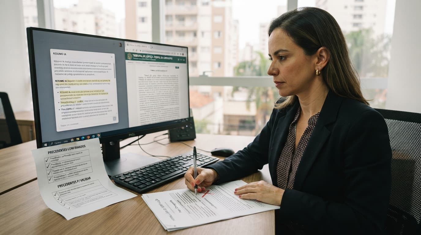 Advogada compara um resumo gerado por inteligência artificial com o inteiro teor de uma decisão judicial e marca uma divergência na conferência da fonte.
