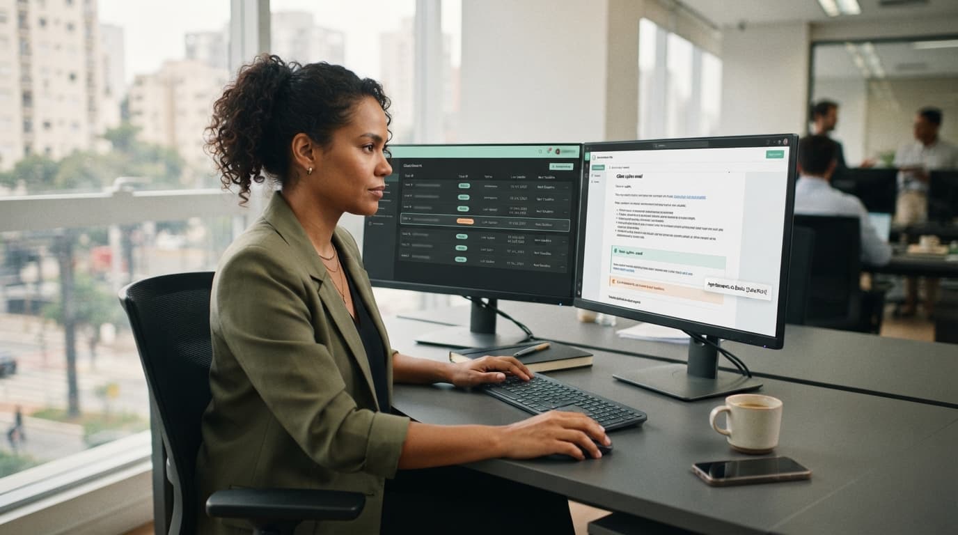 Profissional de operações jurídicas confere uma movimentação destacada em um painel de processos enquanto valida, em outro monitor, um relatório resumido e pronto para envio ao cliente.