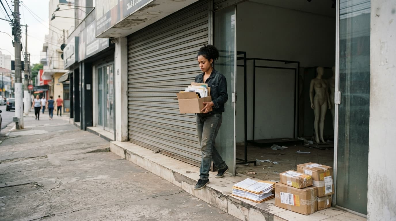 Última loja de roupas fechada, com porta de aço abaixada, araras vazias e manequins sem roupas visíveis, enquanto uma funcionária retira uma caixa ao lado de avisos de cobrança e encomendas devolvidas.