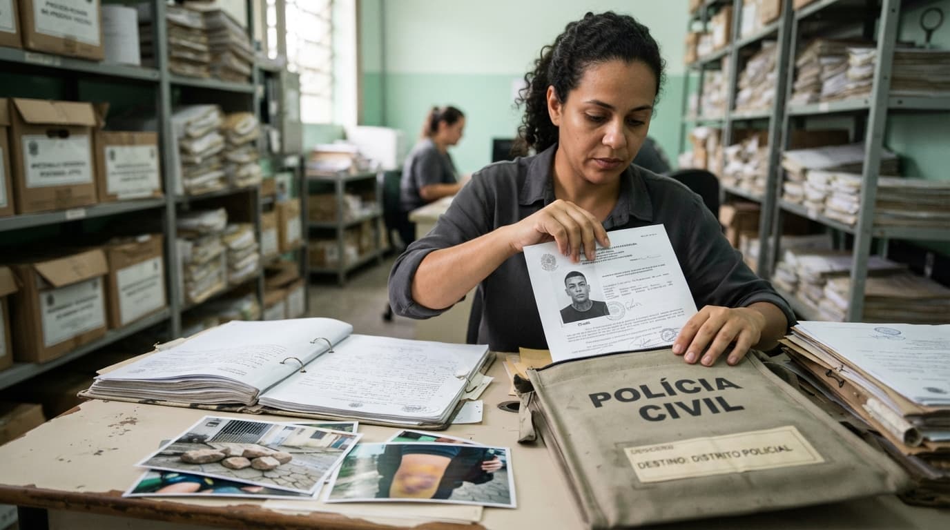 Funcionário retira de uma bolsa de envio policial o mandado de prisão com a foto de Oruam, enquanto o processo permanece aberto ao lado de imagens de pedras e do braço ferido de um agente.
