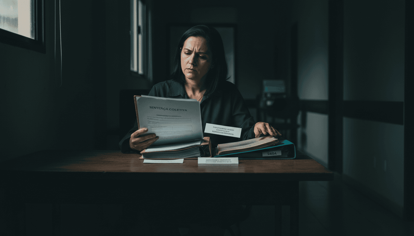 Analista jurídica interrompe a triagem de um processo coletivo ao comparar o endereço do substituto processual com comprovantes de beneficiários de cidades diferentes, mantendo a mão sobre uma pasta recursal.