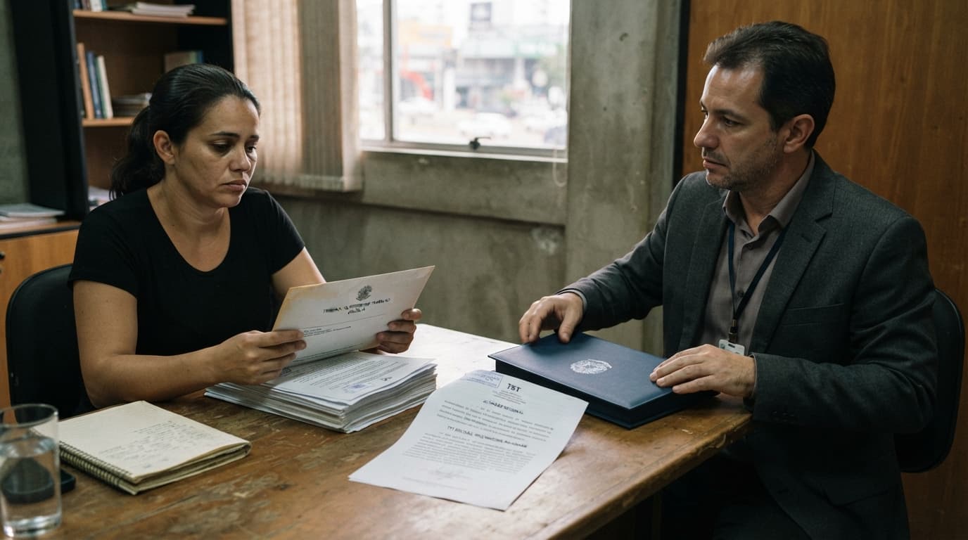 Ex-empregado sentado diante de representante de organismo internacional, com documentos de reclamação trabalhista virados para baixo e uma decisão regional substituída sobre a mesa.