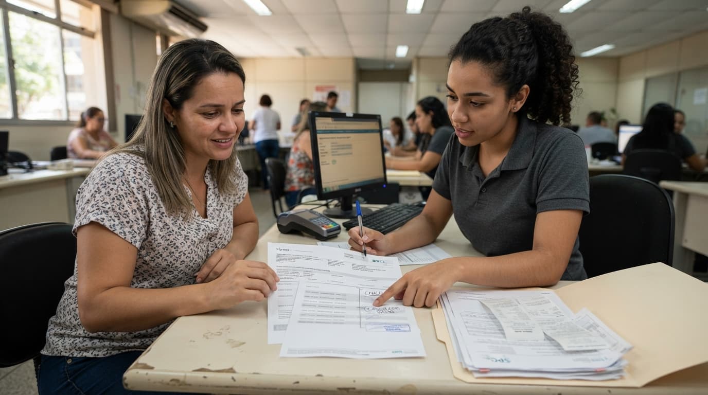 Consumidor e atendente conferem um histórico de crédito com uma inscrição recente quitada para cancelamento, registros anteriores e documentos que contestam essas anotações.