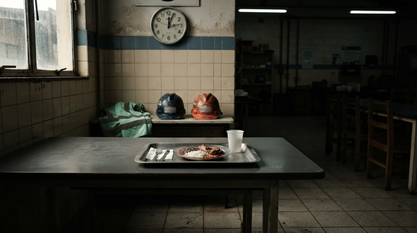 Sala de descanso vazia de uma fábrica brasileira, com uma bandeja de refeição intocada sobre a mesa, relógio de parede e capacetes de segurança indicando o intervalo de trabalho.