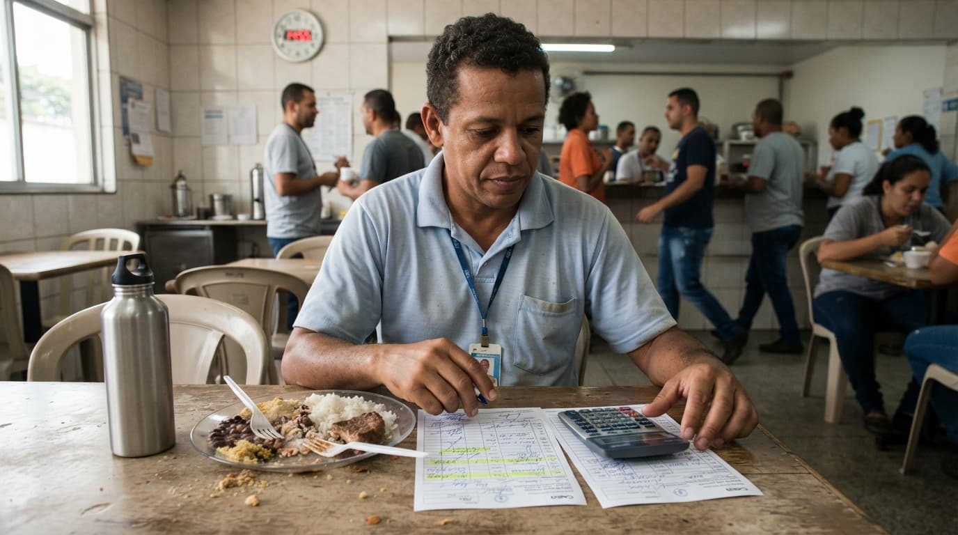 Trabalhador confere, durante uma pausa curta para refeição, cartões de ponto de períodos diferentes enquanto calcula os minutos de intervalo suprimidos.