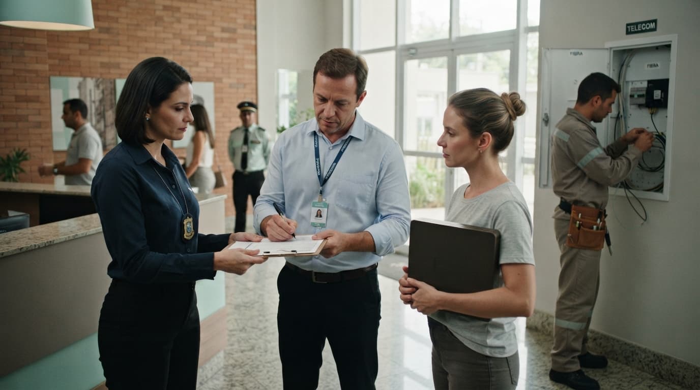 Em hall de prédio, oficial entrega intimação diretamente a gerente de operadora de internet que assina o recebimento, enquanto morador segura roteador apagado e técnico prepara cabo de fibra.