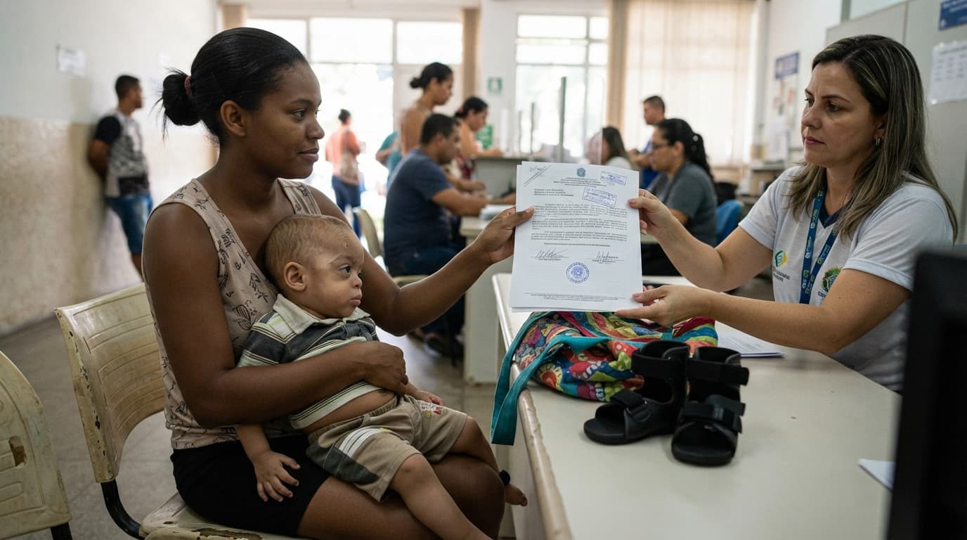 Mãe com criança pequena com microcefalia no colo entrega a uma atendente um laudo de junta médica, com órteses infantis e bolsa de terapia ao lado.