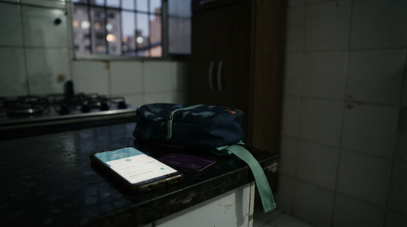 Celular com interface genérica de transferência Pix agendada e saldo aparentemente vazio, ao lado de um cartão bancário e uma pequena mochila infantil sobre o balcão de uma cozinha brasileira.