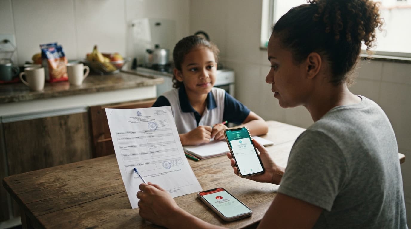 Mãe responsável por uma criança confere uma ordem judicial de pensão ao lado de um celular com crédito recebido, enquanto outro telefone indica falha no débito automático por falta de saldo.