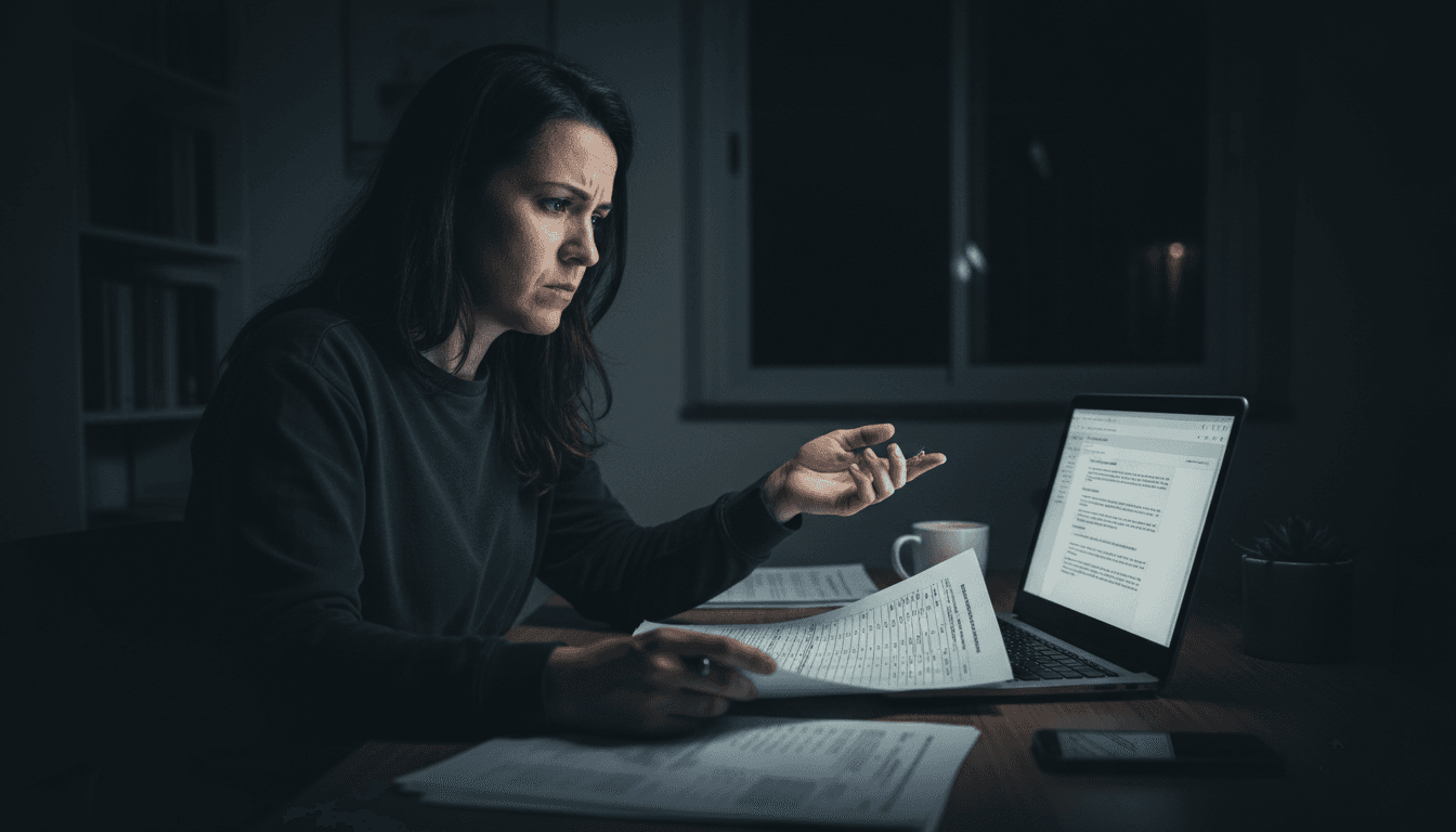Advogada iluminada pela tela do notebook interrompe a redação de um recurso para comparar a minuta com o cálculo de pena de um processo de execução penal.