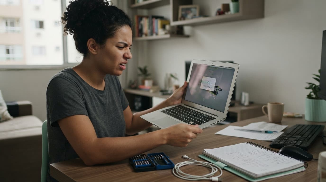 Consumidor em uma mesa doméstica segura um notebook Apple aberto com a tela travada, ao lado de carregador, ferramentas sem uso, caderno de trabalho e teclado externo parado.