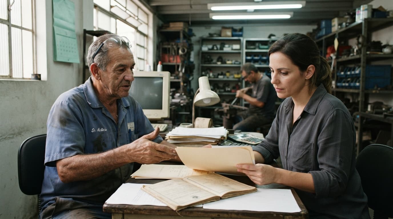 Trabalhador aposentado que voltou a trabalhar apresenta documentos da aposentadoria antiga e comprovantes de contribuições recentes a um atendente, que compara os dois períodos.