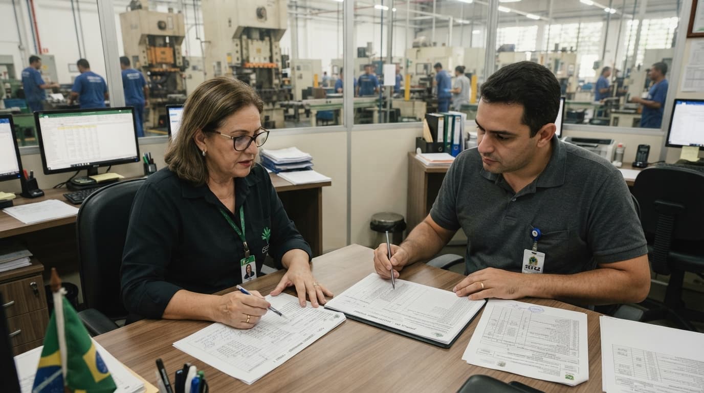Contador e fiscal analisam duas planilhas tributárias separadas, uma de crédito presumido e outra de redução de ICMS, enquanto um livro registra a aplicação dos valores em máquinas de uma fábrica.