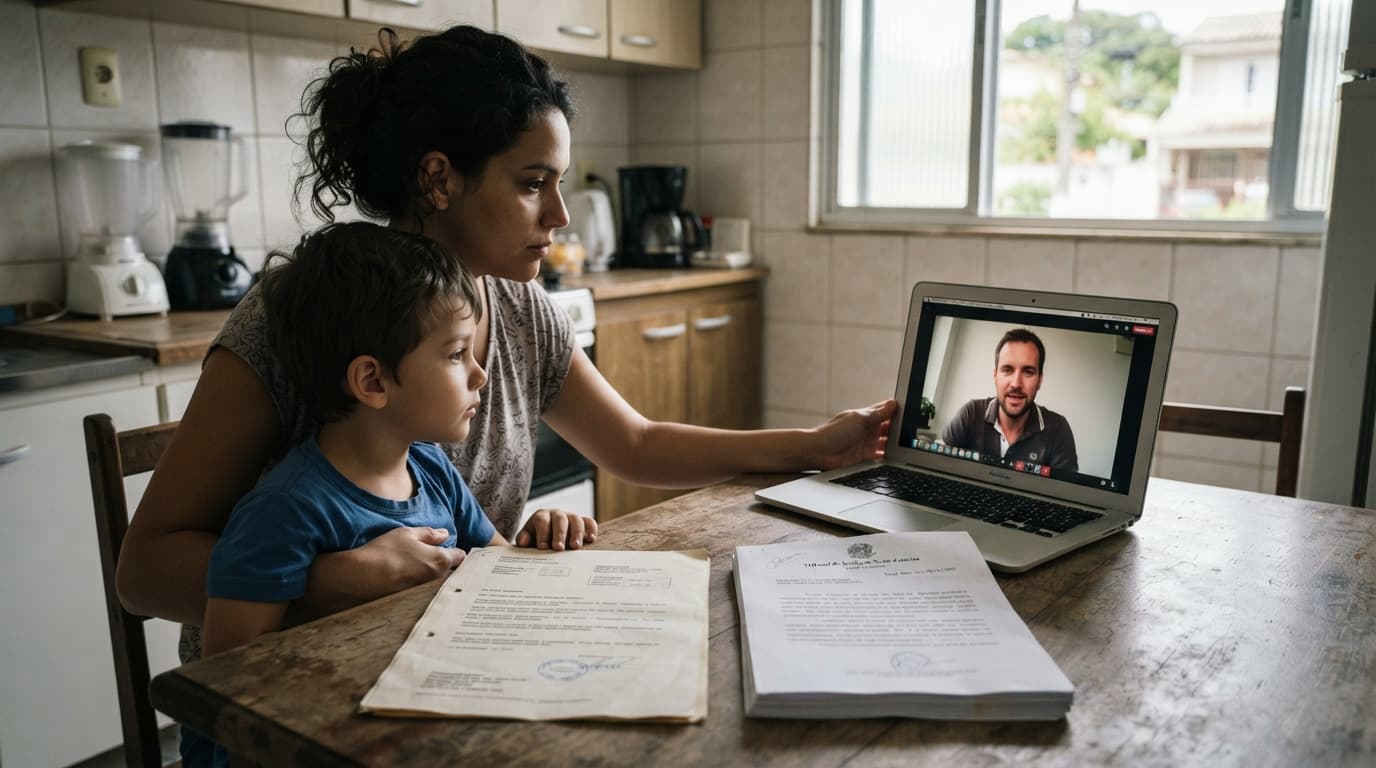 Mãe e filho estão em casa diante de um laptop com o pai no exterior, enquanto dois documentos de guarda, um alemão e outro brasileiro, aparecem sobre a mesa entre eles.