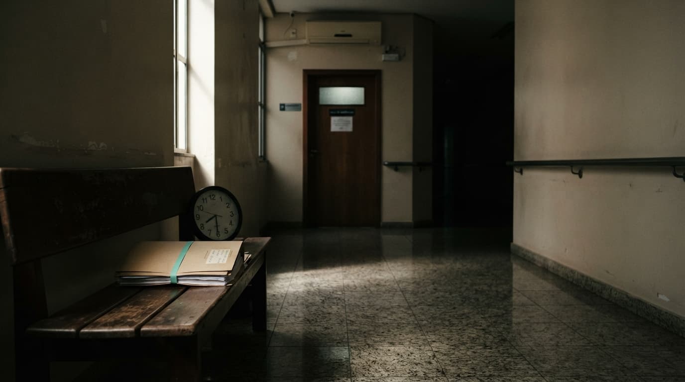 Corredor vazio de um tribunal federal brasileiro, com piso de granilite, porta fechada de sala de julgamento, relógio de parede e uma pasta sem identificação sobre um banco, sugerindo um recurso previdenciário aguardando decisão.