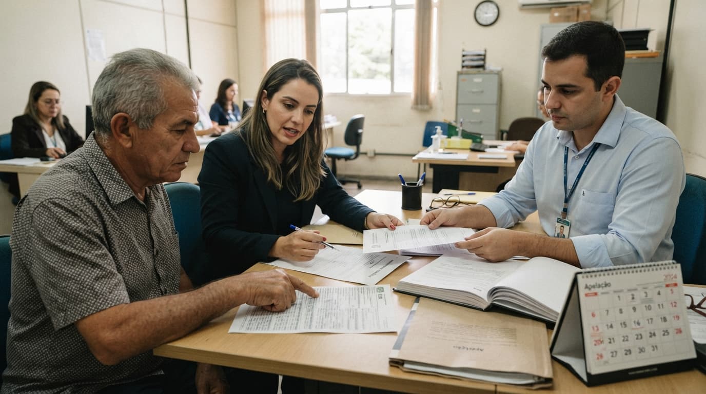 Segurado aponta uma nova contribuição em seu extrato do CNIS enquanto advogado compara a data do pedido original e um representante do INSS confere a cópia, com um processo de apelação aberto sobre a mesa.