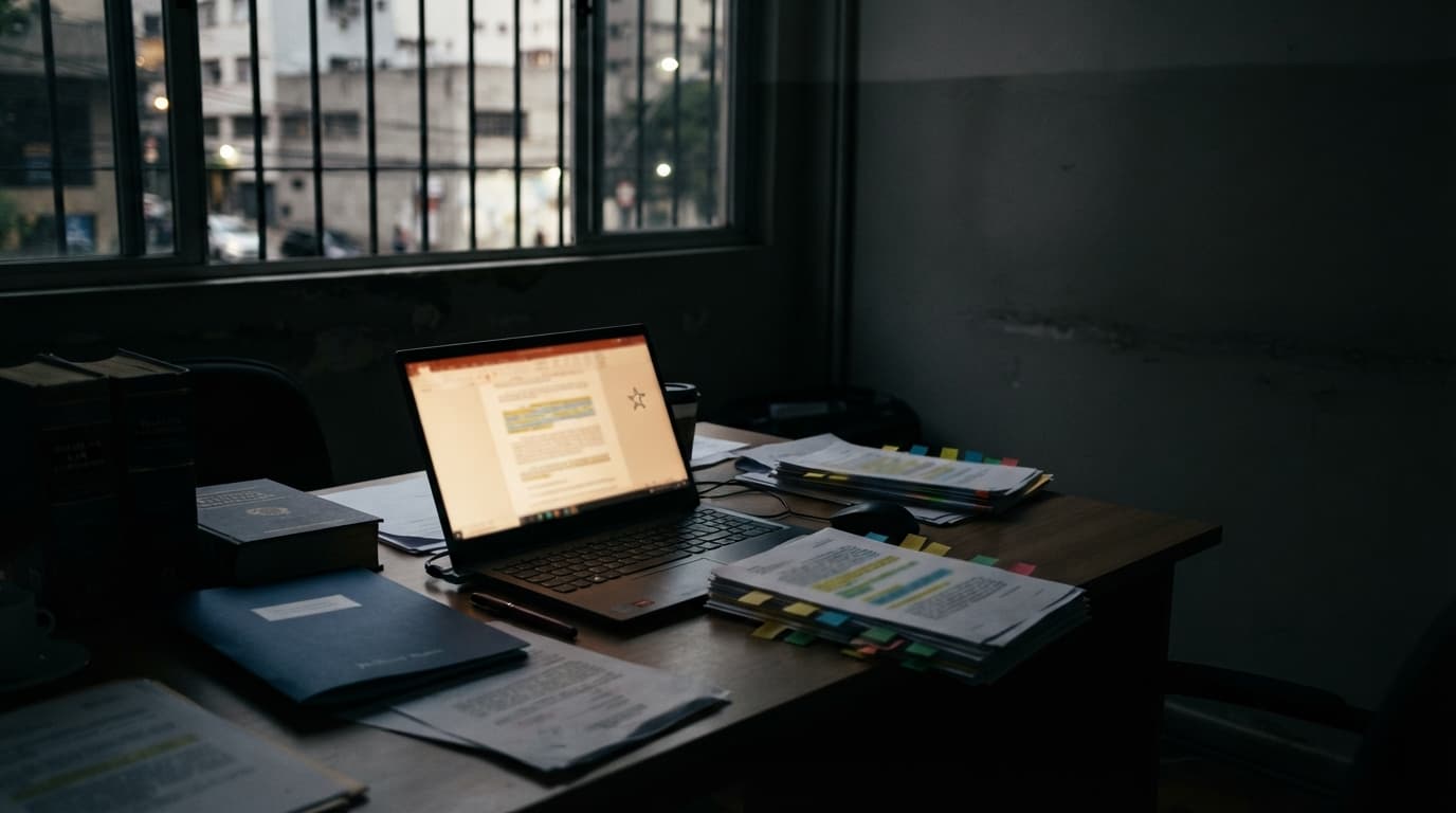 Mesa de escritório jurídico brasileiro com laptop exibindo uma minuta jurídica sem texto legível, trechos destacados, papéis com marcadores coloridos, caneta vermelha tampada, livros de direito e uma pasta de protocolo fechada.