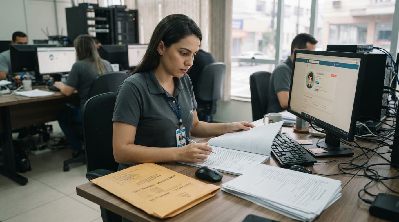 Analista de provedor examina ordem judicial e registros de conexão ao lado de um perfil com avatar, enquanto uma pasta lacrada com a identidade civil do usuário permanece fechada.